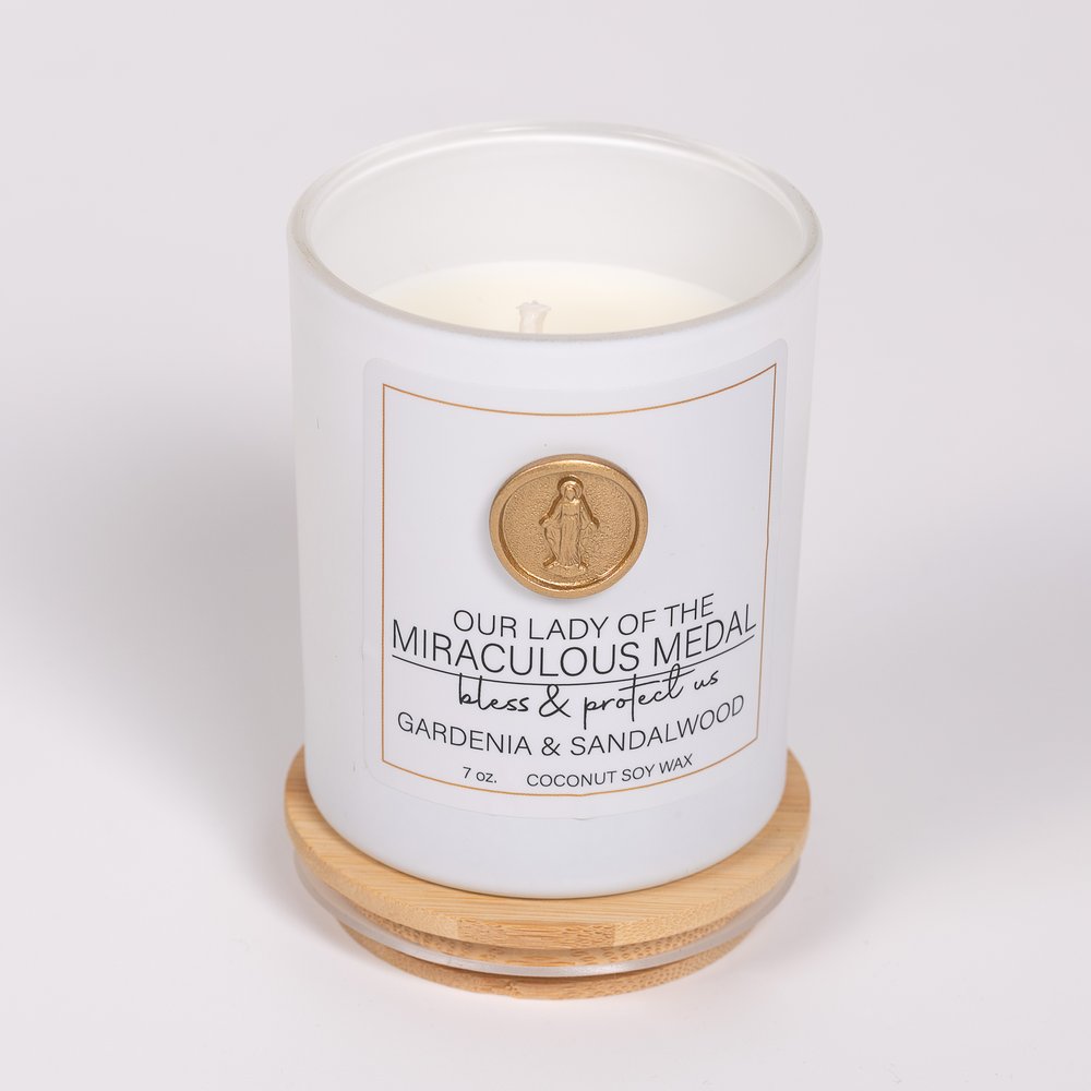 Our Lady of the Miraculous Medal Candle - Gardenia & Sandalwood
