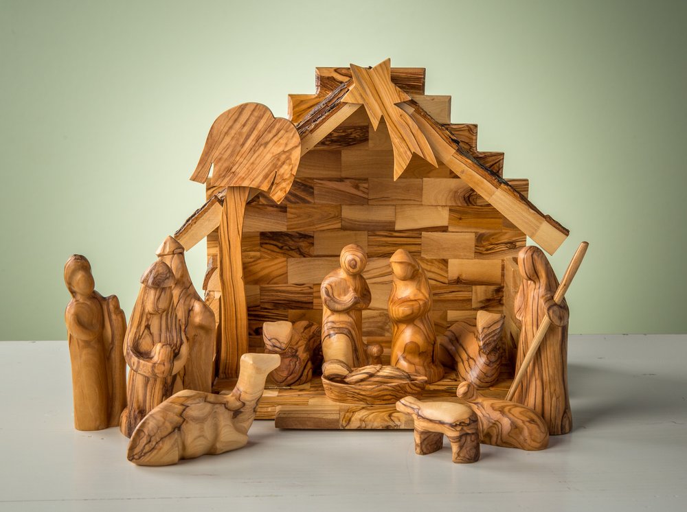 Holy Land Olive Wood Stable & Nativity Set with Contemporary Figures - 10" x 10"