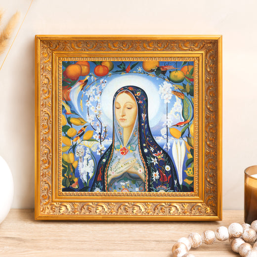 Framed painting of Virgin Mary with fruit and bird motif in ornate gold frame, for wall decor.