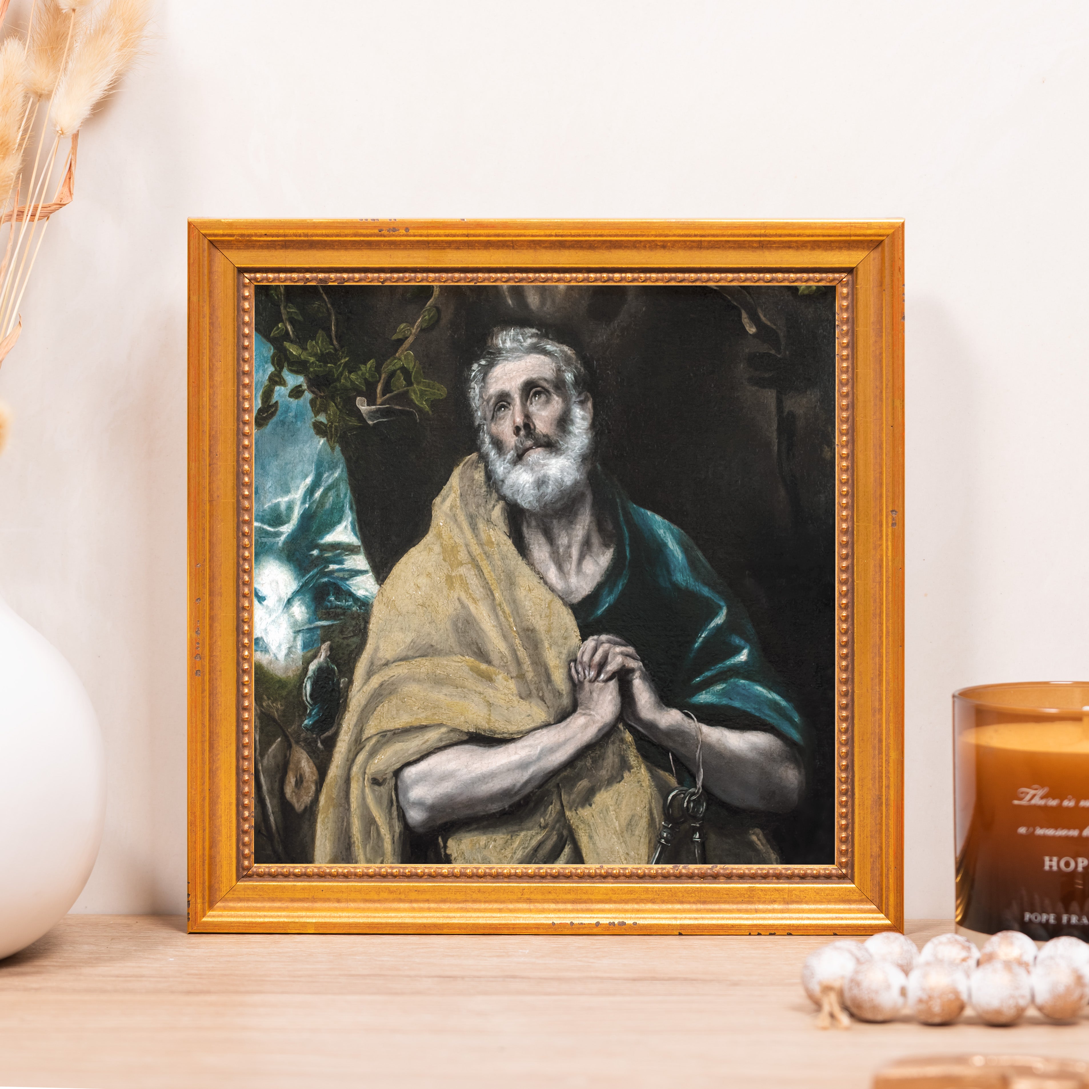 Framed oil painting reproduction, Saint Peter in Tears, with gold frame.
