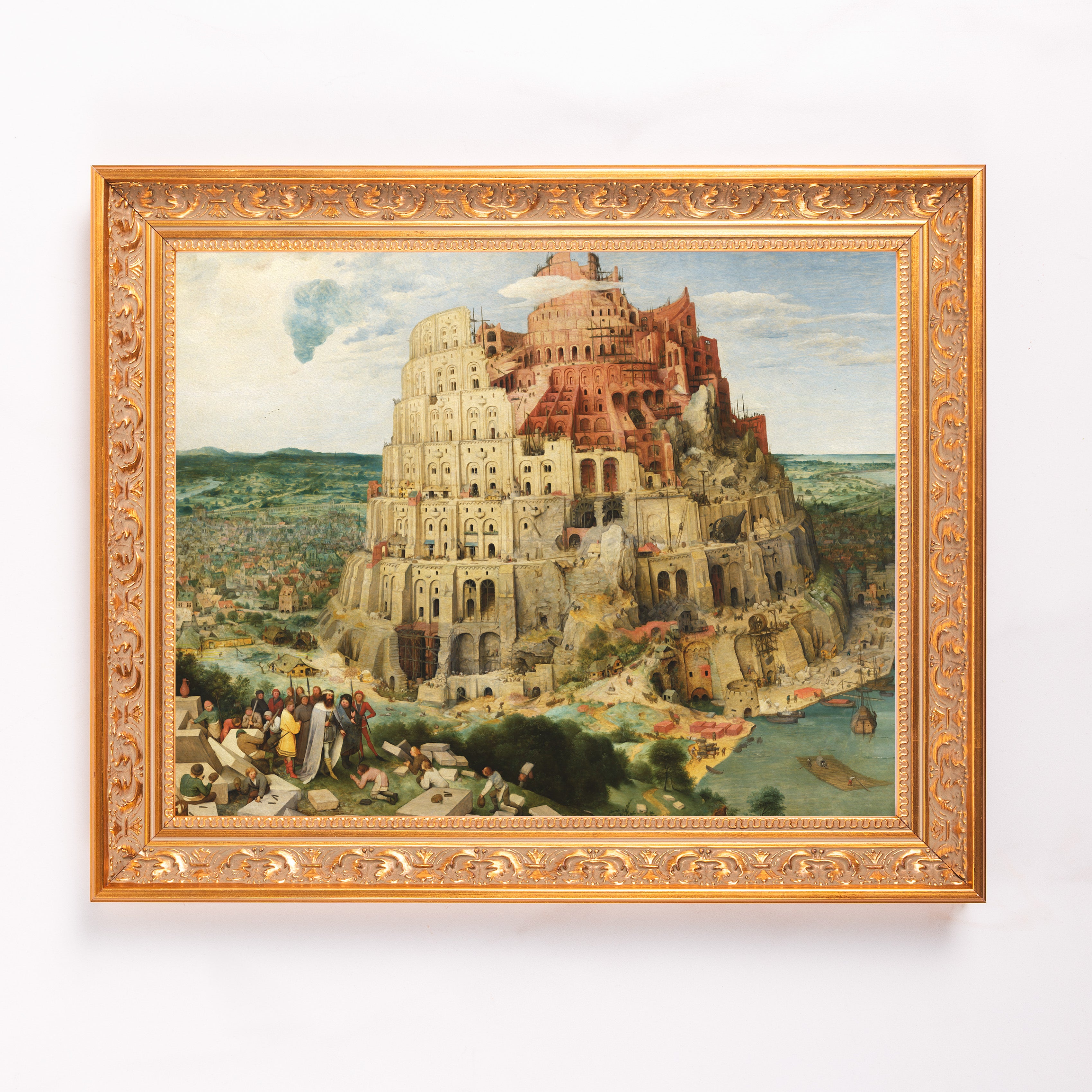 Framed Tower of Babel oil painting; Renaissance style, multi-tiered structure, golden frame.