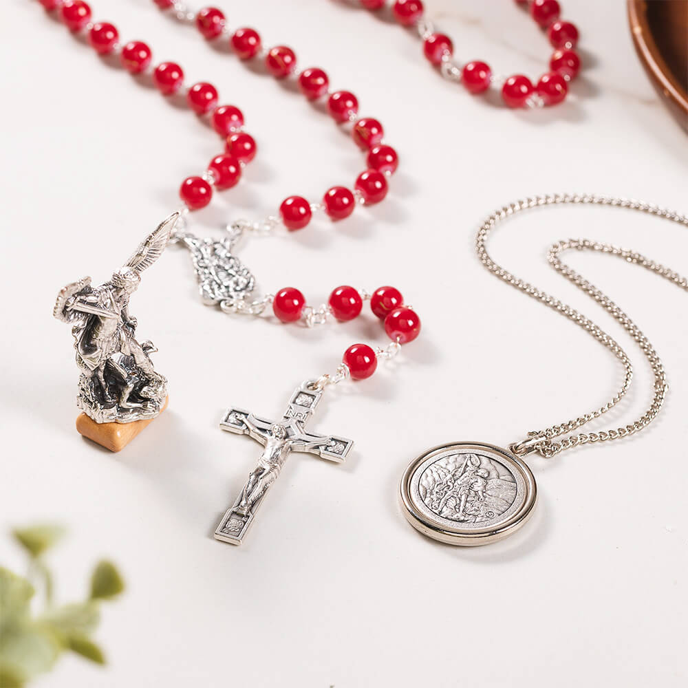 St. Michael Rosary, Necklace, & Figurine Gift Set