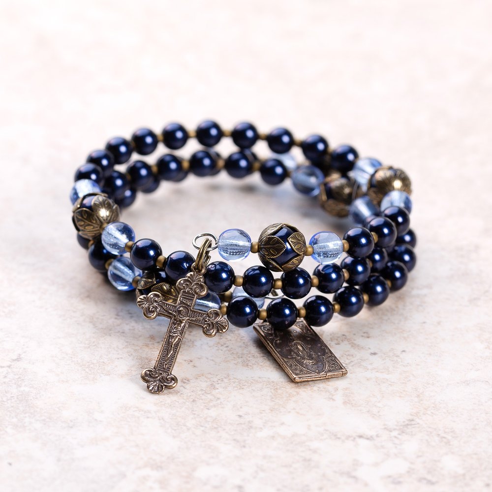 Blue Swarovski Scapular Full Rosary Wrap Bracelet