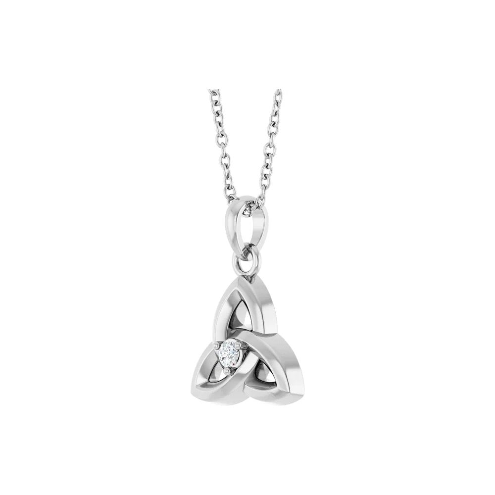 Necklace with Celtic knot pendant set with small diamond, in white metal with chain.
