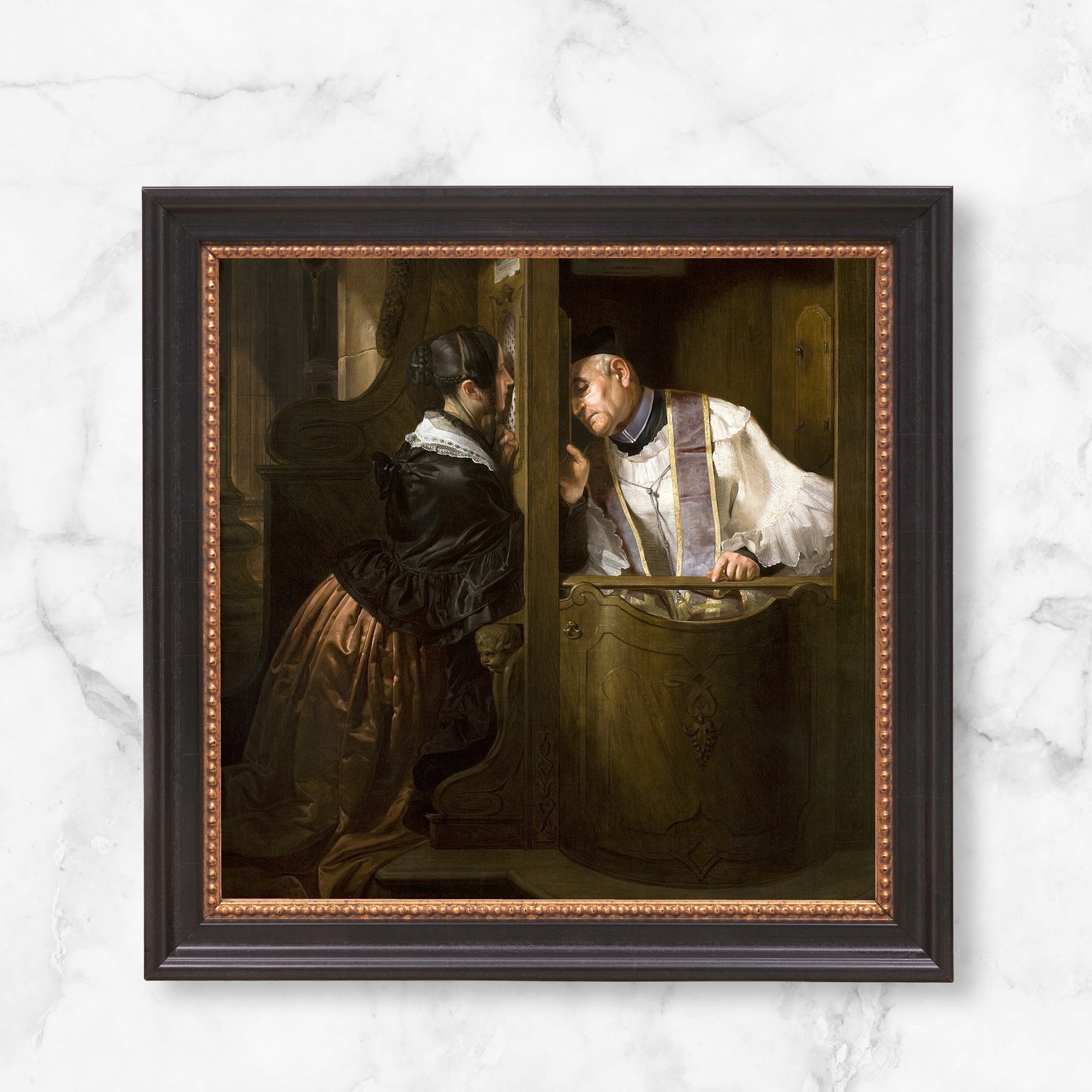 Framed confession scene painting with woman in black dress and priest, in dark brown wood frame.