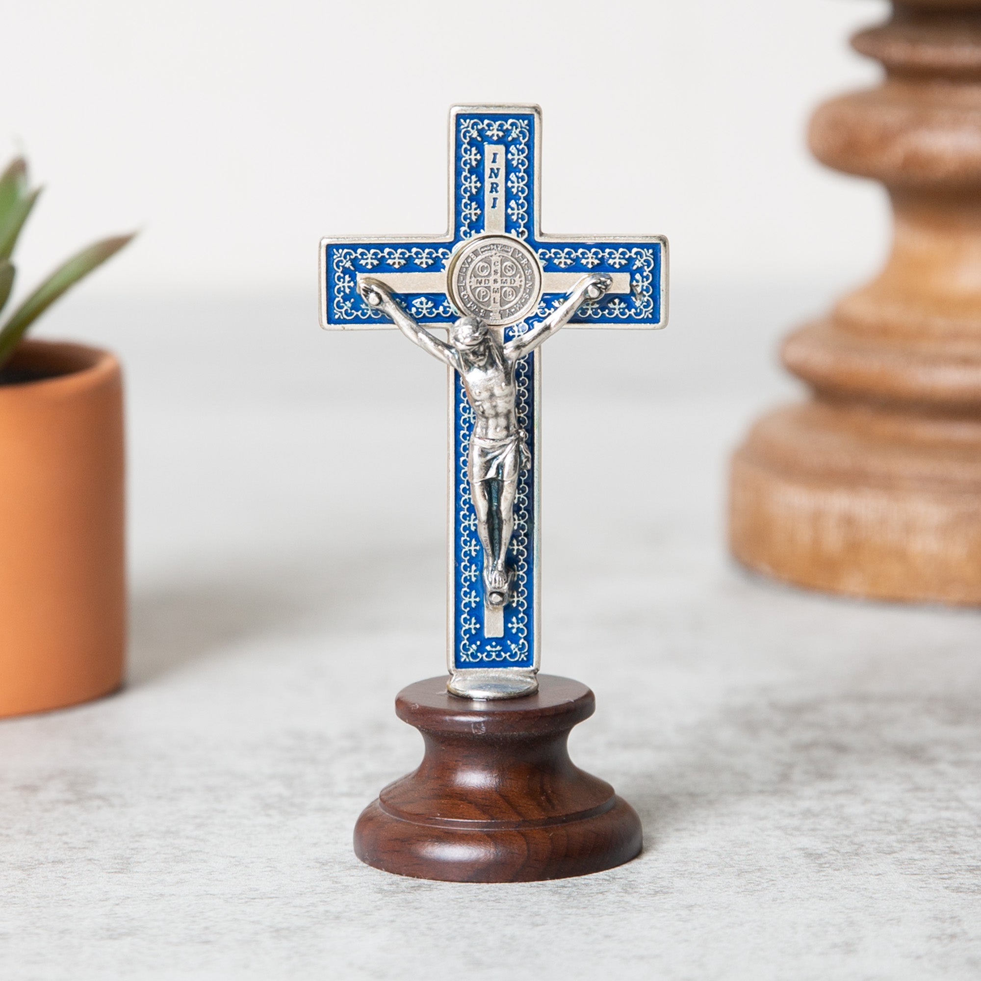 Standing Blue St. Benedict Crucifix - 3.75"