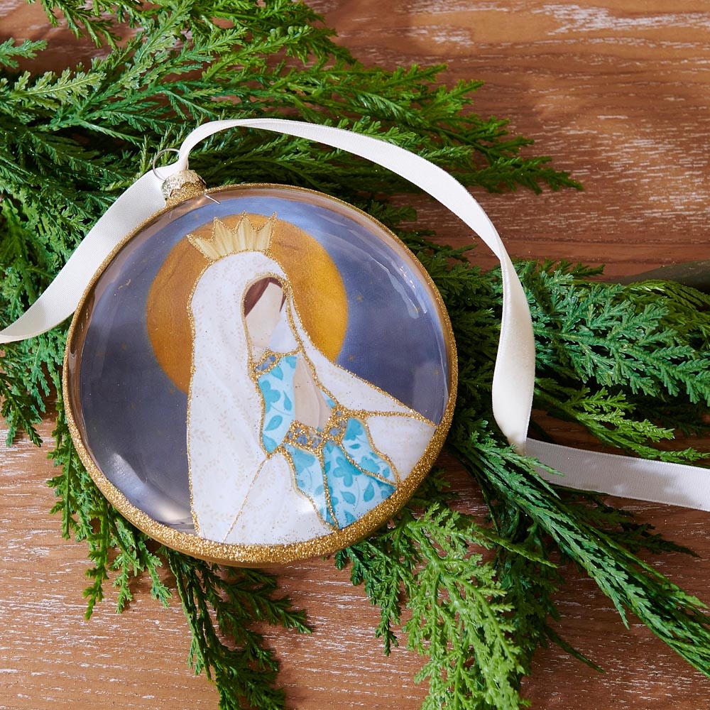 Holy Mother Mary in Prayer Glass Disk Ornament - 4.75"