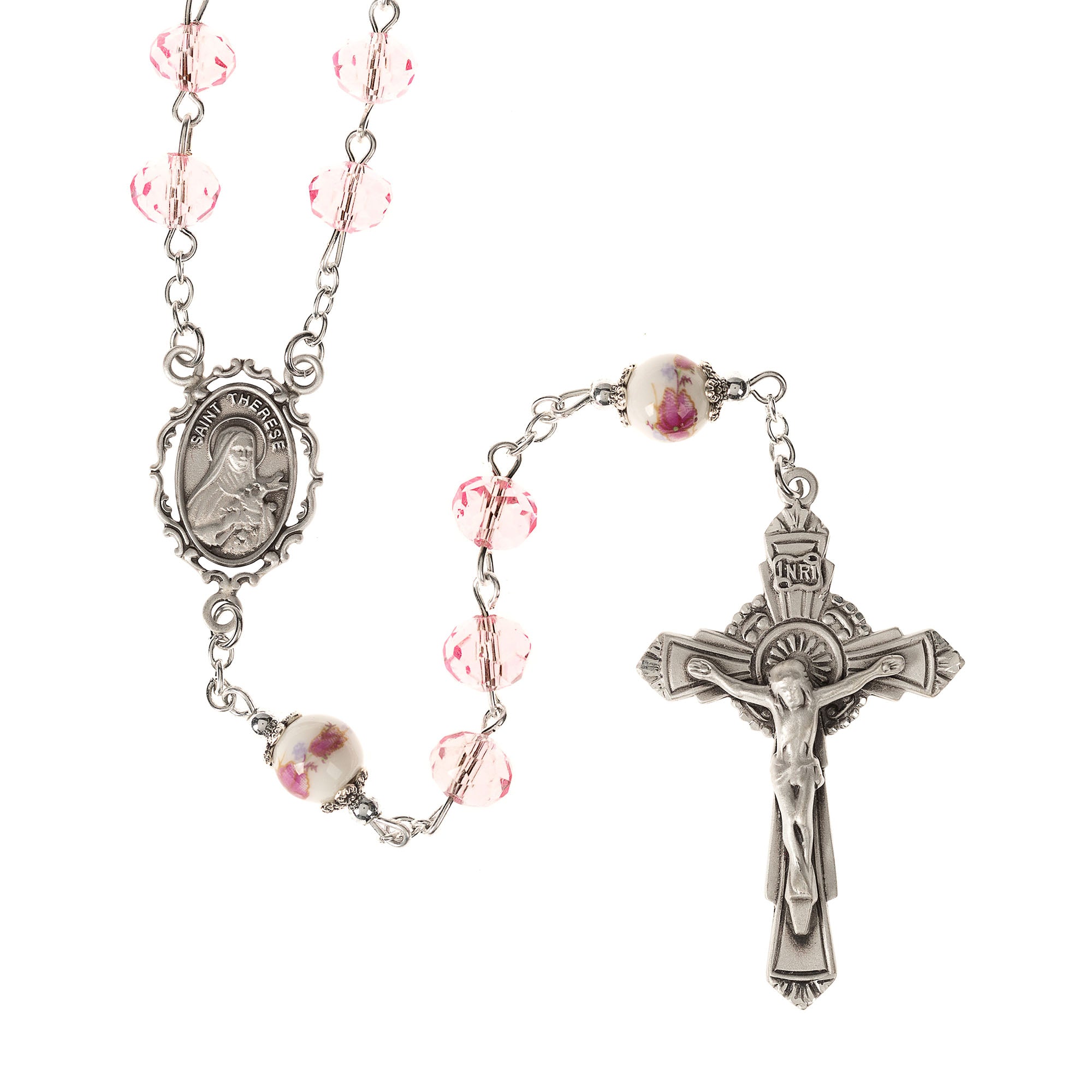 St Therese Pink Crystal & Ceramic Rosary