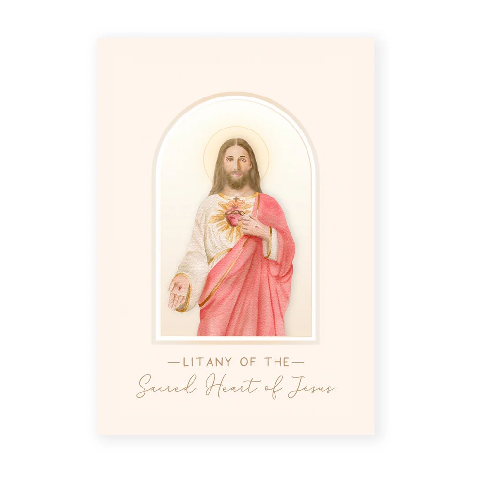 Litany card with watercolor image of Sacred Heart of Jesus on light beige background with arch window effect.