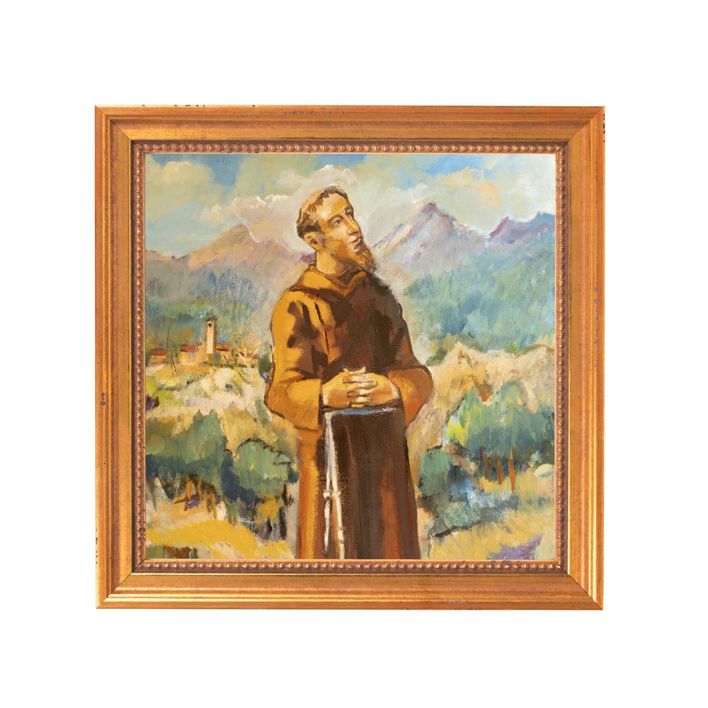 Framed oil painting of a monk in brown robes against a landscape background in an impressionistic style.