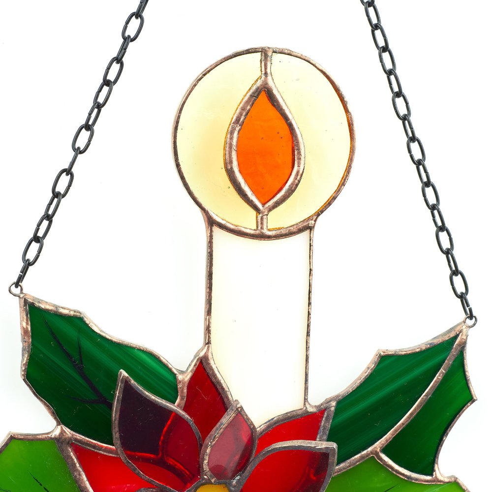 Handcrafted Christmas Poinsettia Candle Stained Glass Suncatcher