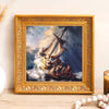 Framed painting of stormy sea scene in an ornate gold frame for wall decor.