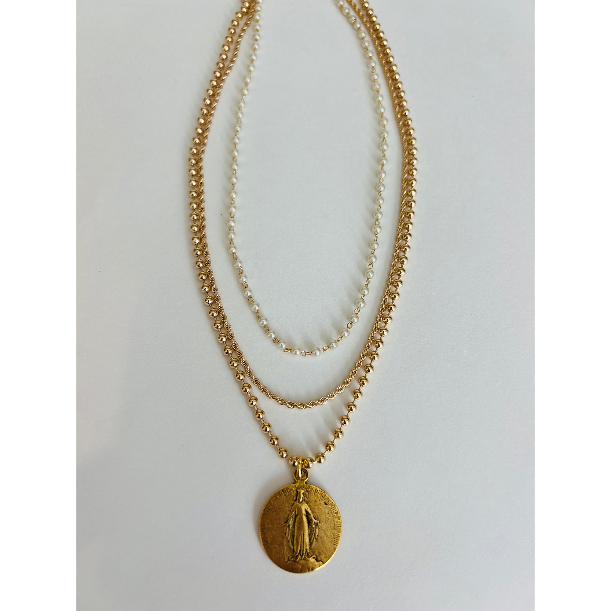 Vintage Marian Medallion Triple Chain Pearl Necklace