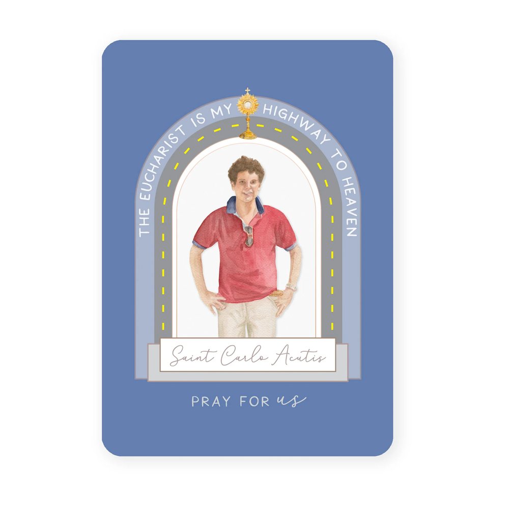 Saint Carlo Acutis prayer card with a blue background, his watercolor portrait, and "The Eucharist is my highway to Heaven."