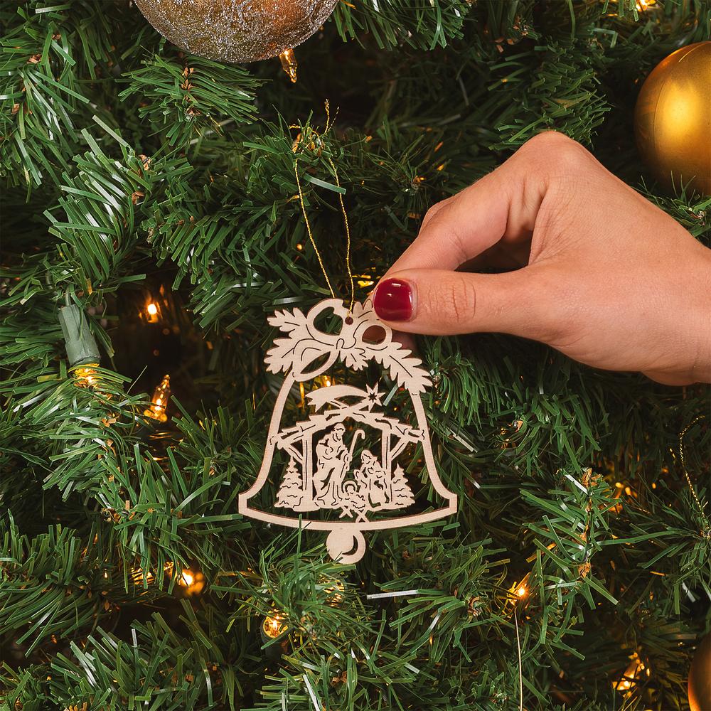 Natural Laser Cut Wood Bell & Nativity Ornament