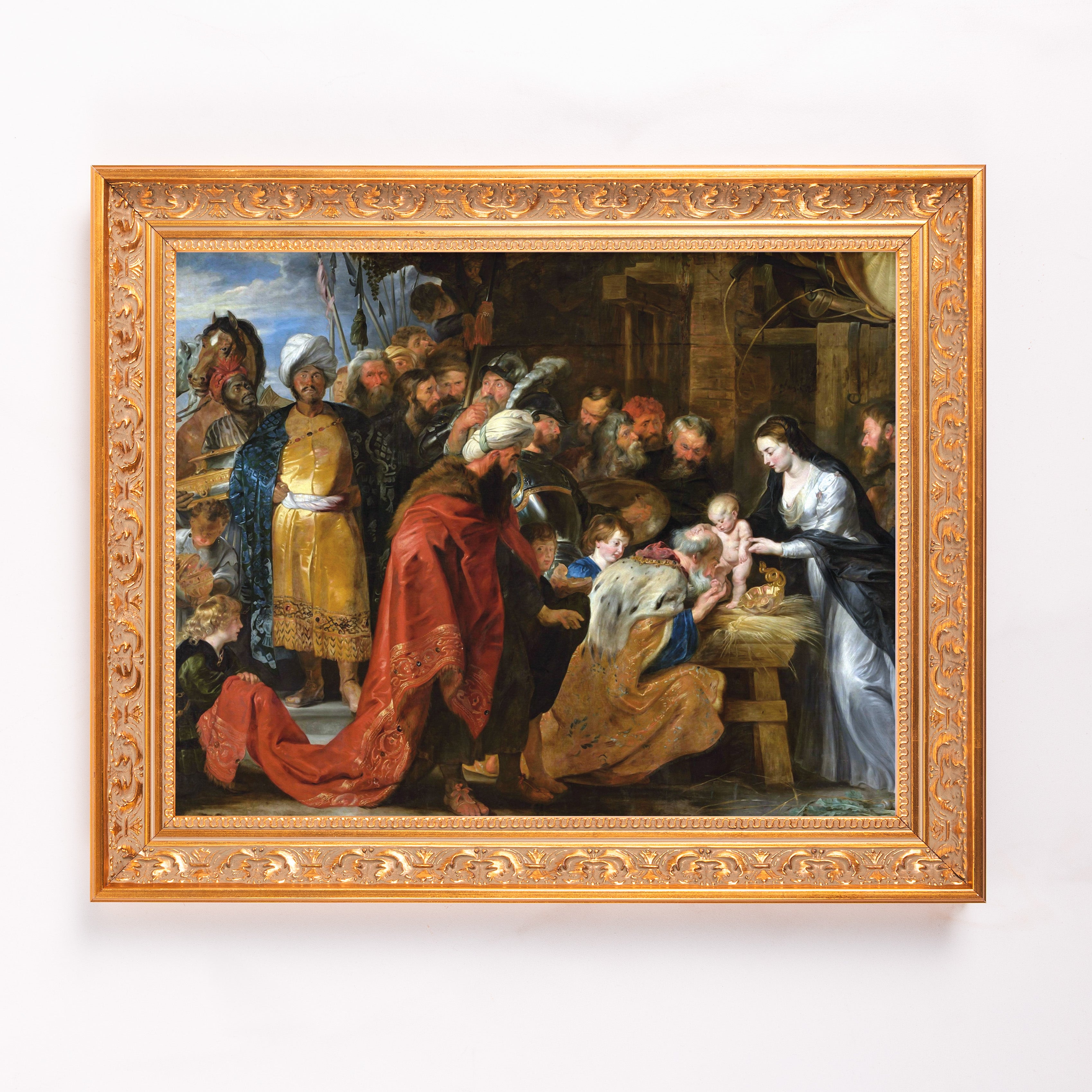 Framed "Adoration of the Magi" art print. Gold ornate frame surrounds oil painting with religious scene.