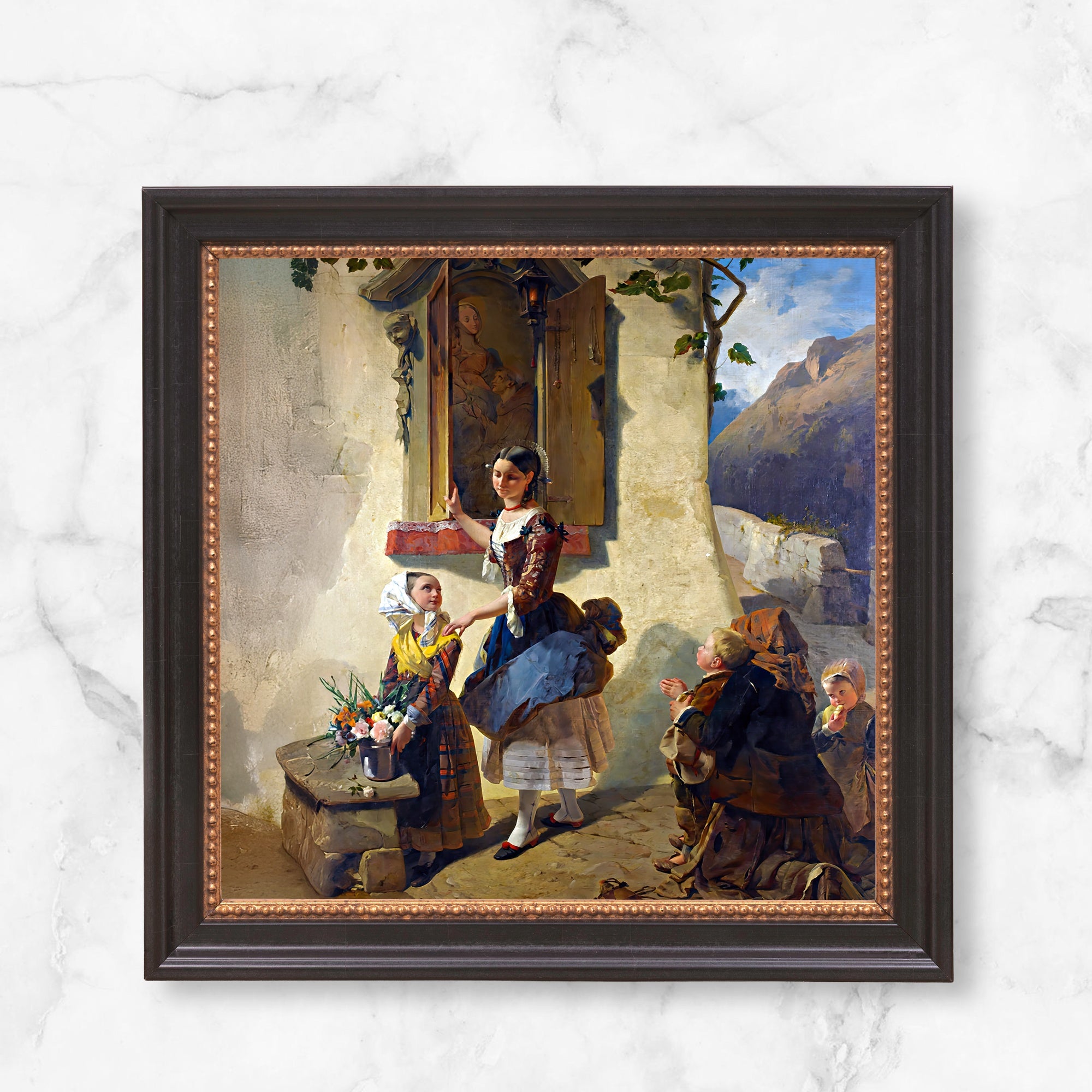 Framed painting depicting a woman helping children, in Renaissance style, with a dark wood frame and beaded bronze trim.