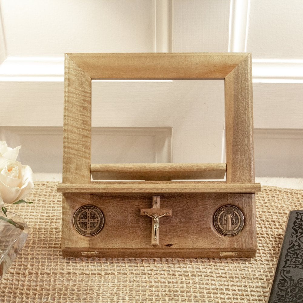 Wooden St. Benedict Medal Bible Stand