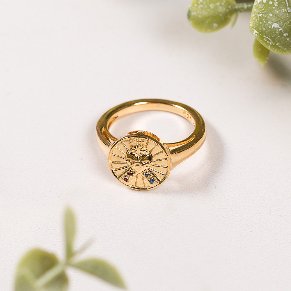 Gold Over Sterling Sapphire & Garnet Sacred Heart & Divine Mercy Ring
