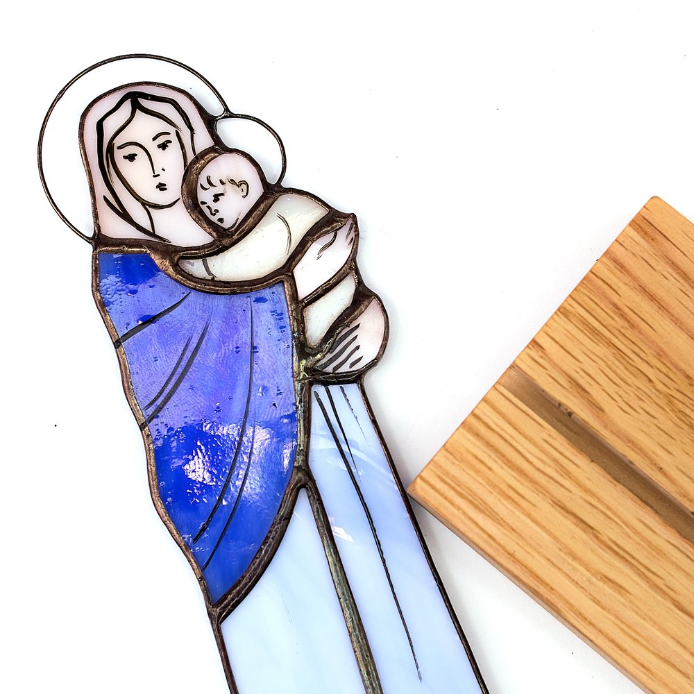Handcrafted Madonna & Child Stained Glass Standing Plaque