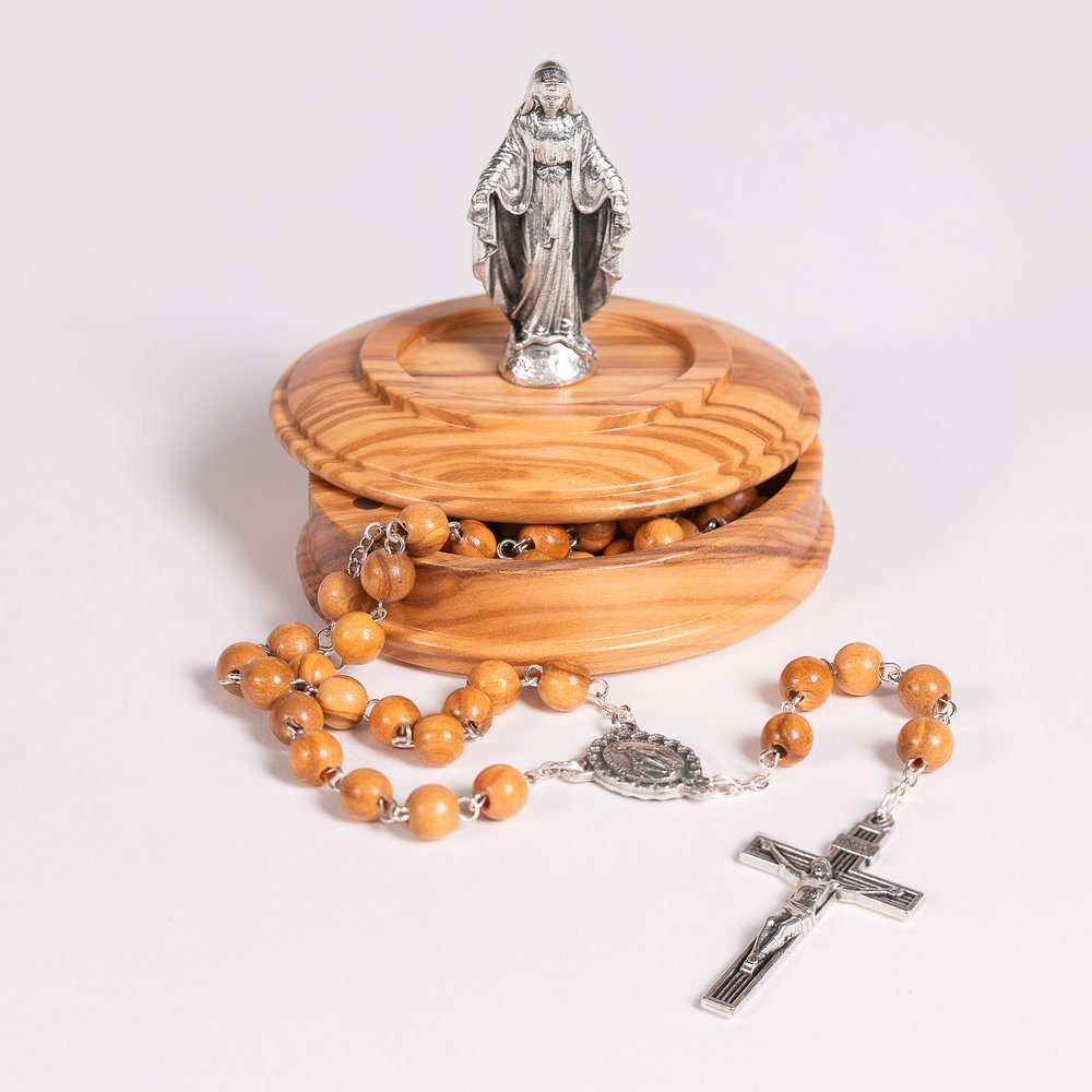 Olive Wood Miraculous Medal Rosary & Rosary Box Set