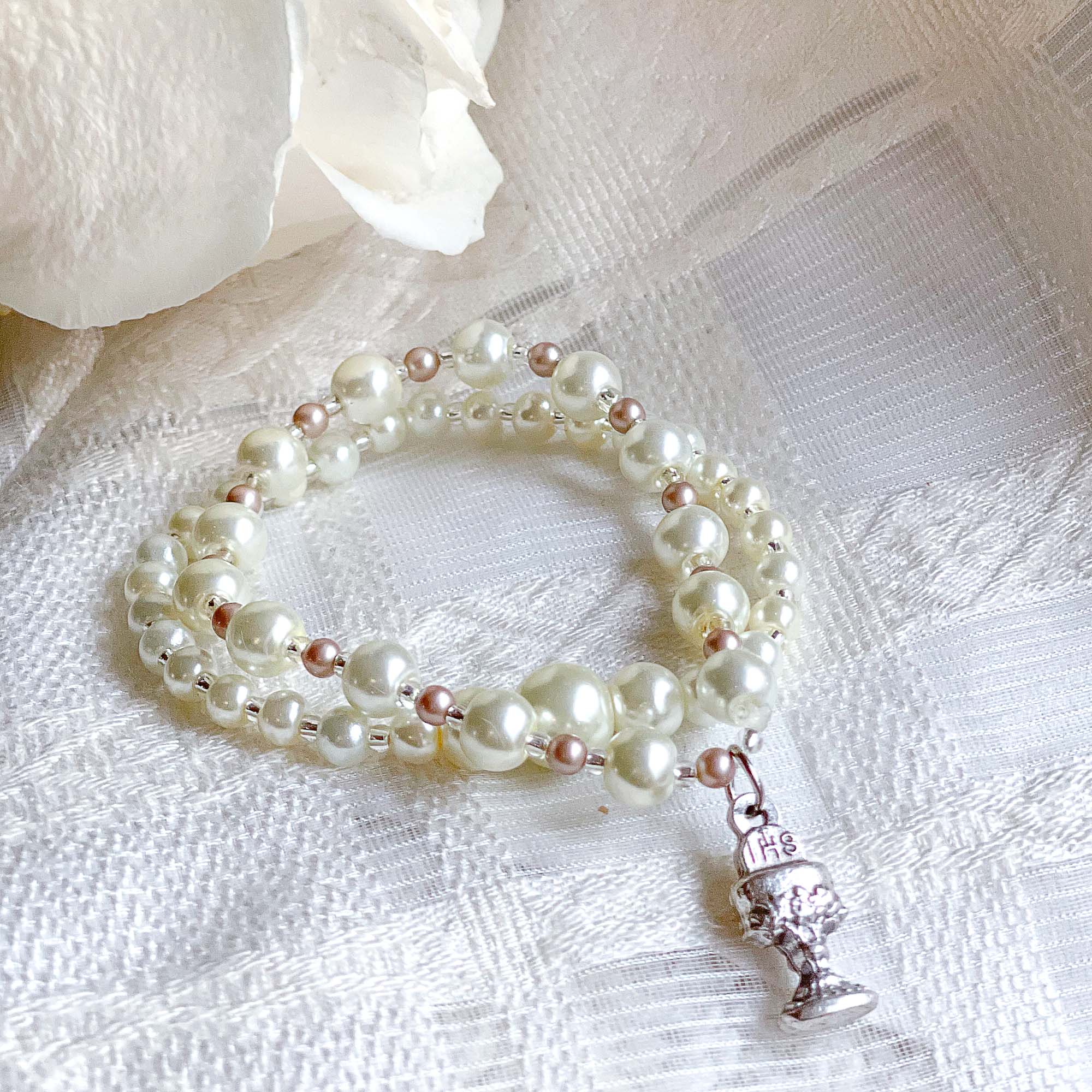 Two-Tone Pearl & Silver First Communion Bracelet Set