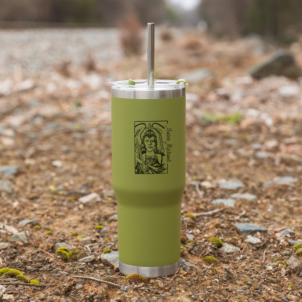 Green St. Michael Stainless Steel Tumbler with Straw