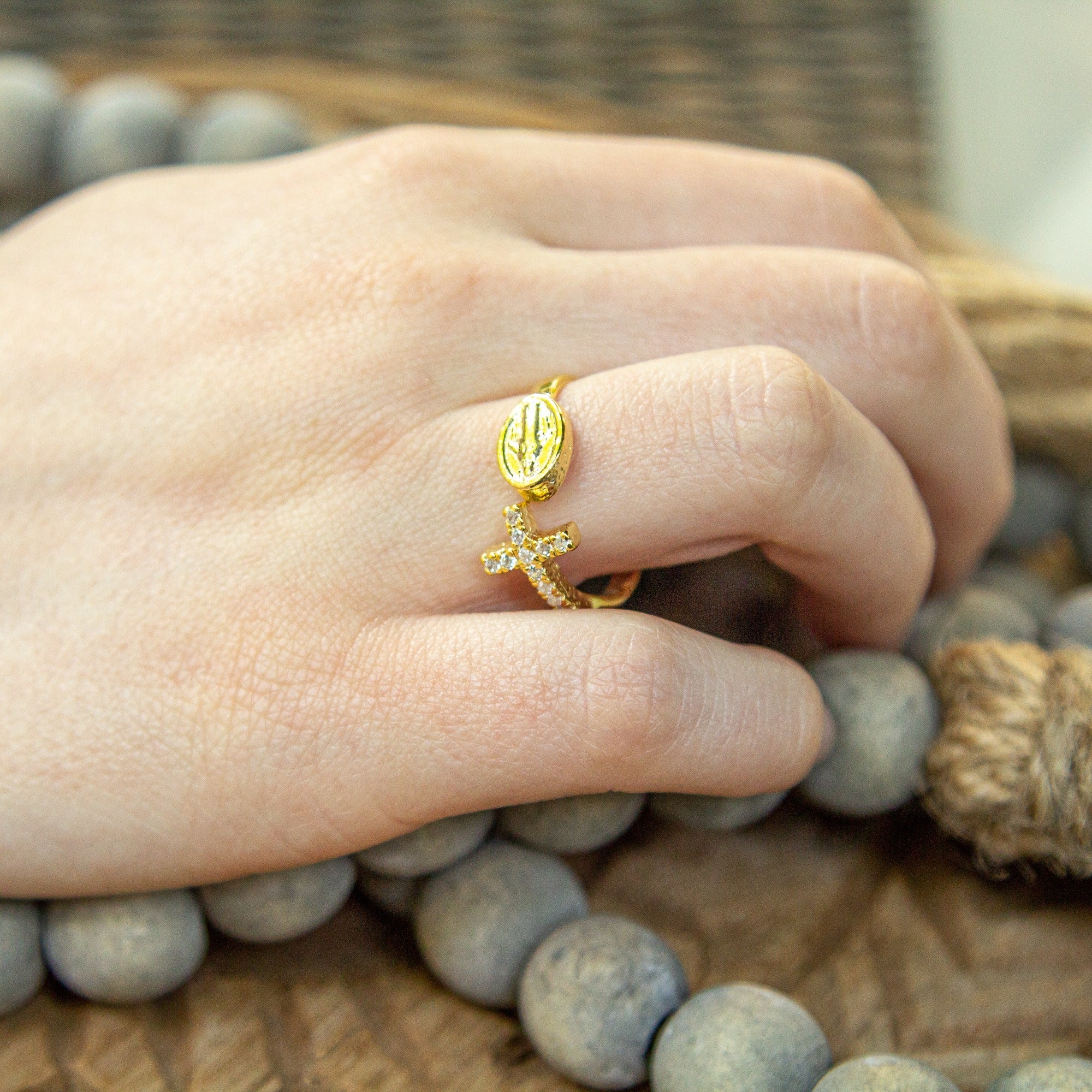 Cross and Miraculous Medal Ring with Cubic Zirconia