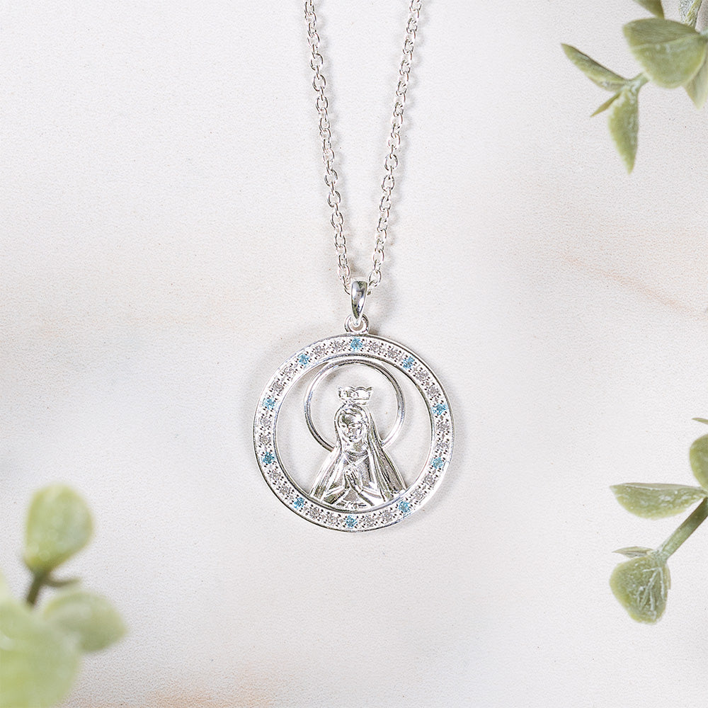Sterling Silver & Blue Topaz Mary Queen of Heaven Necklace