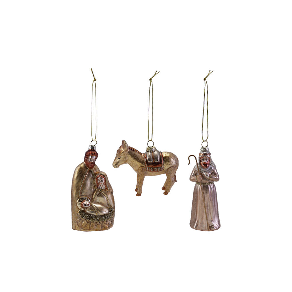 Blown Glass Glitter Nativity Ornaments - Set of 3