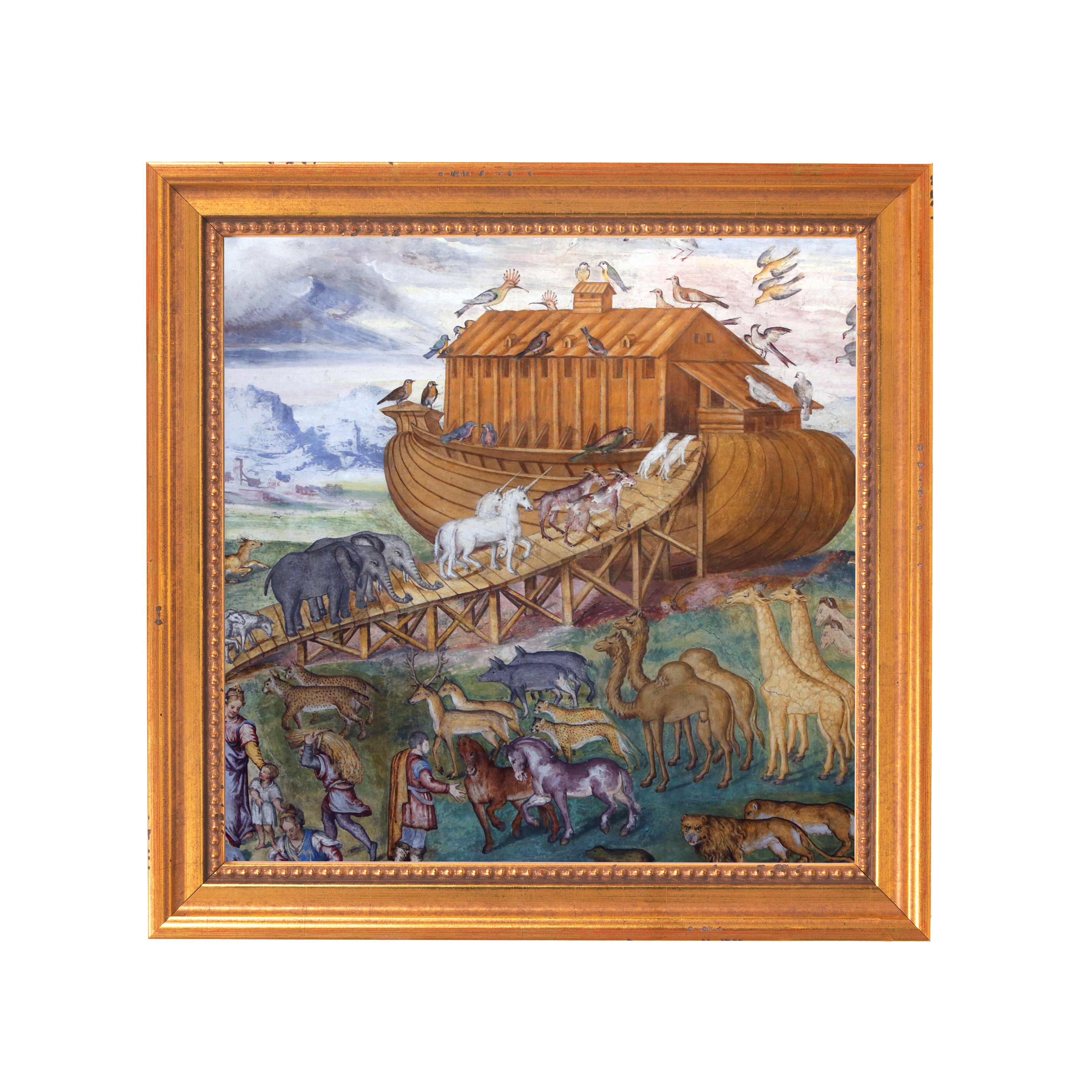 Framed Painting depicting Noah's Ark with animals entering in Renaissance style.