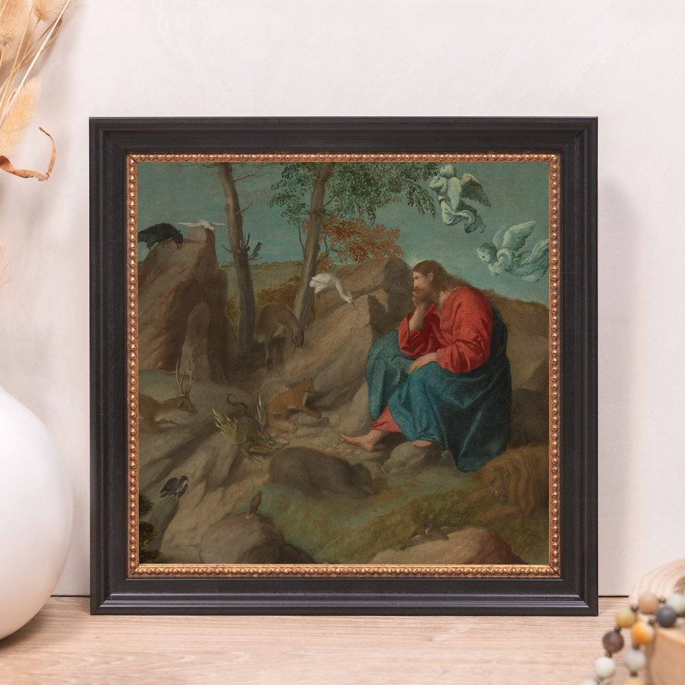Framed art print of Jesus, red robe, blue gown, with angels, black frame with gold trim.