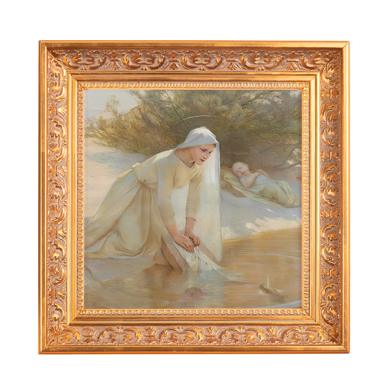 Framed art print. Oil painting of mother and child in water; golden frame.