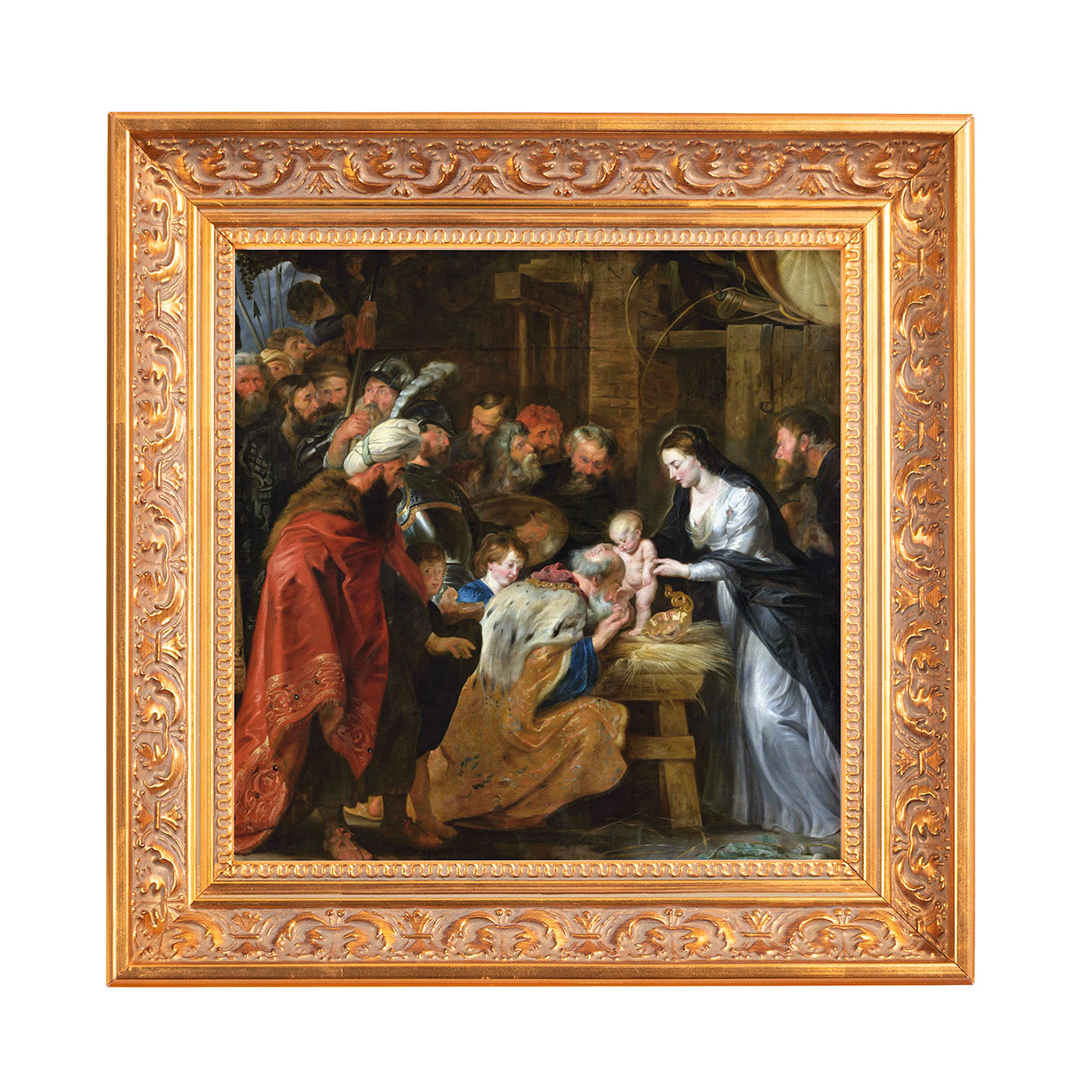 Framed painting showing the Adoration of the Magi in ornate gold frame.