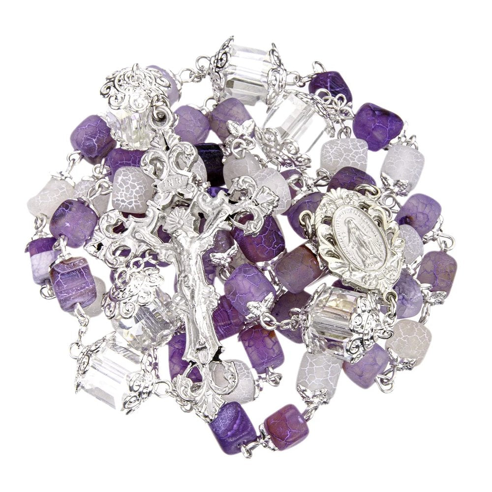 Purple Crackle Glass & Crystal Miraculous Medal Rosary