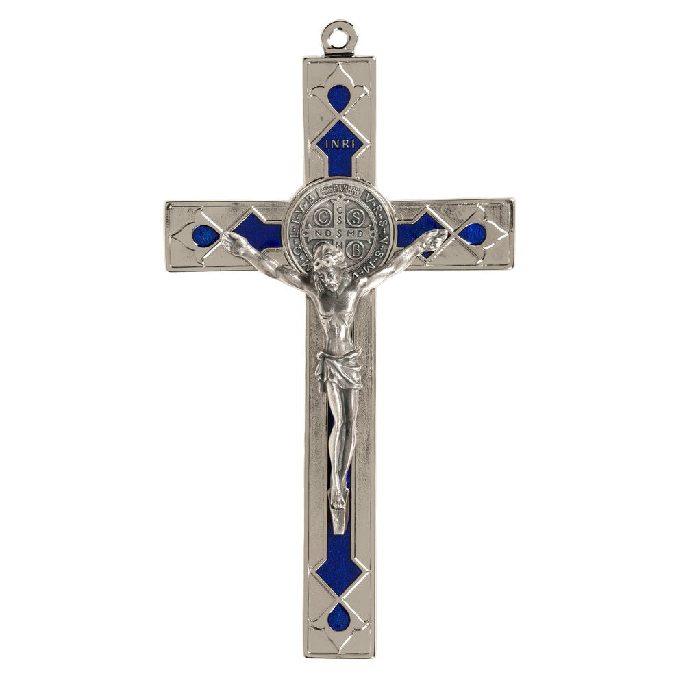 St. Benedict Silver Tone & Blue Crucifix - 7.8"