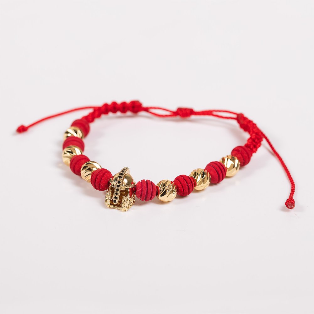 Woven Red Thread Bracelet – Neoprene, Cross, and Roman Helmet