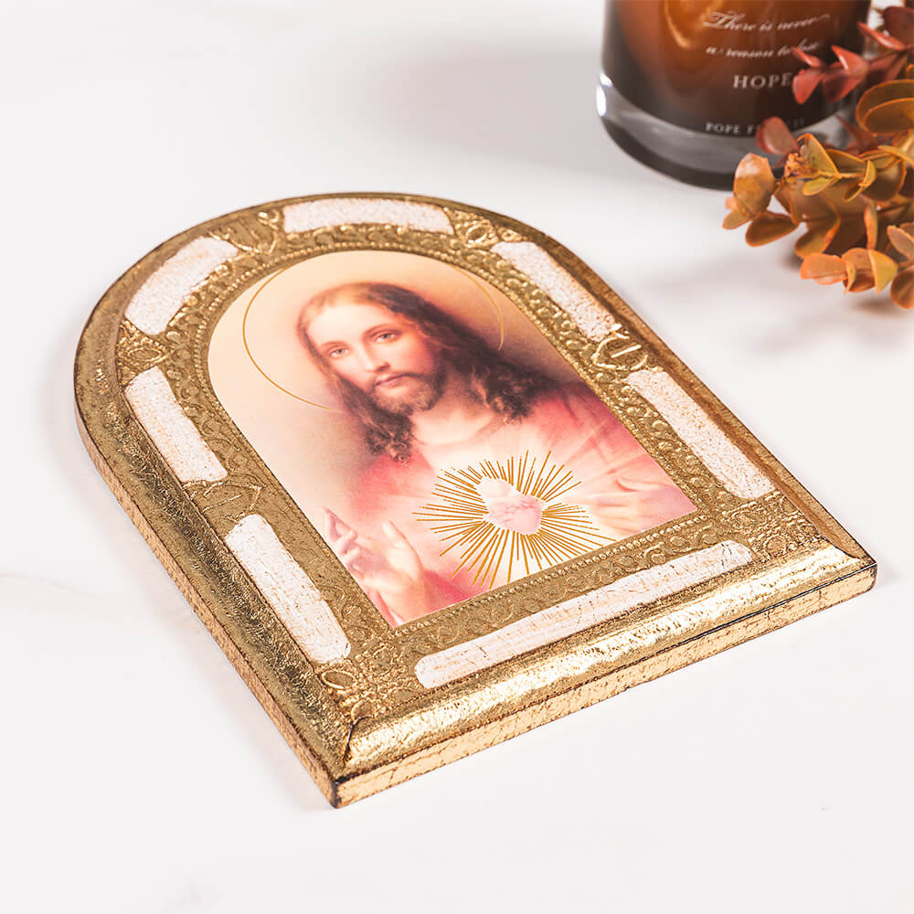 Sacred Heart of Jesus Gold & White Arched Florentine Plaque - 8" x 6"