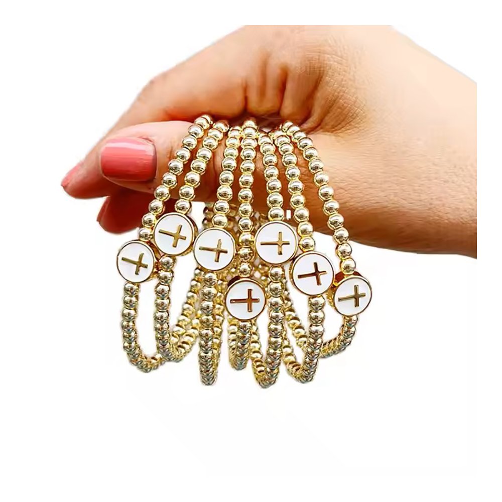 Gold Plated White Enamel Cross & Bead Bracelet