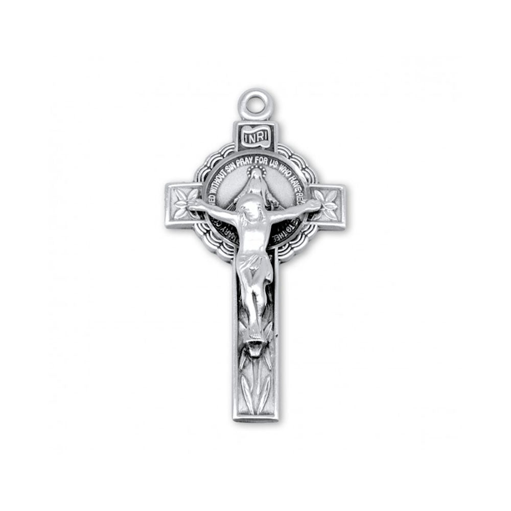 Crucifix pendant, silver tone, with floral details and inscribed prayer text; religious jewelry piece.
