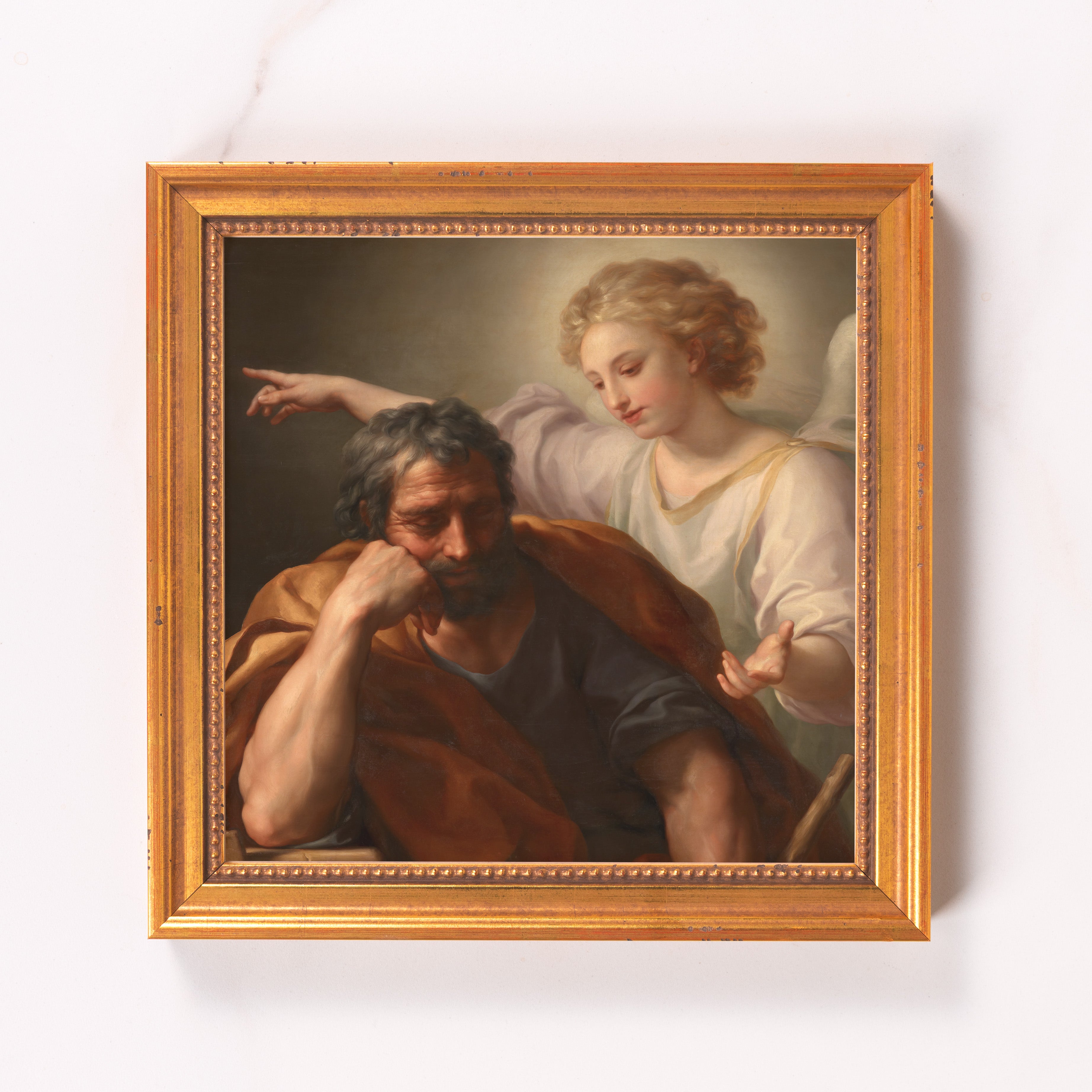 Framed painting of Saint Joseph's Dream, an oil canvas in a baroque style with a gold frame.