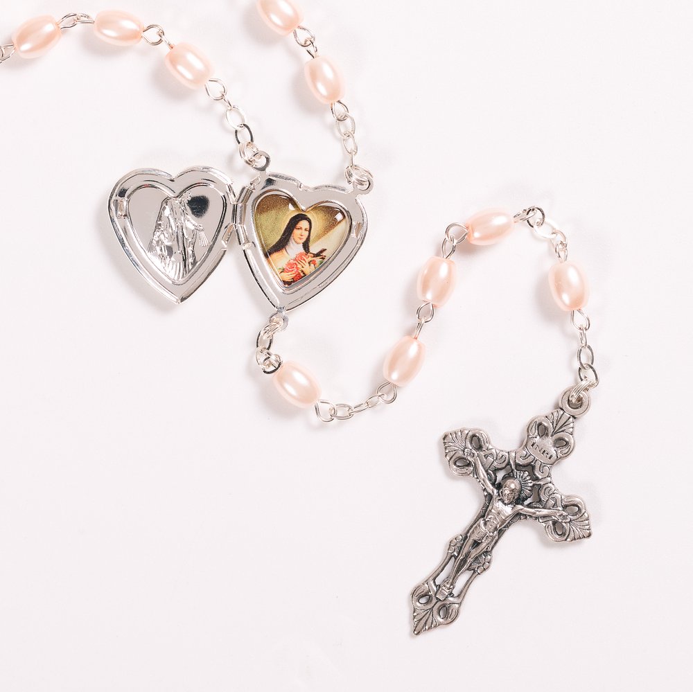 Pale Pink St. Therese Locket Rosary