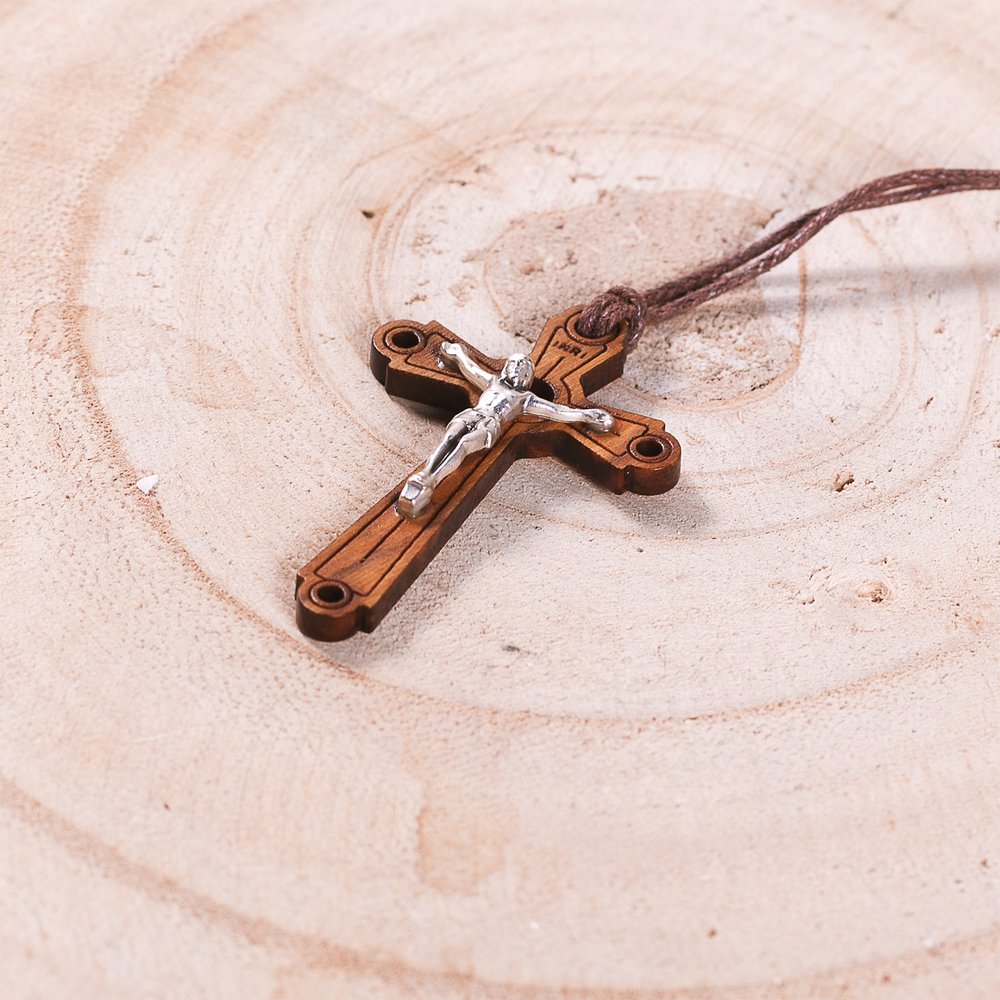 Italian Olive Wood Crucifix Necklace on Brown Cord