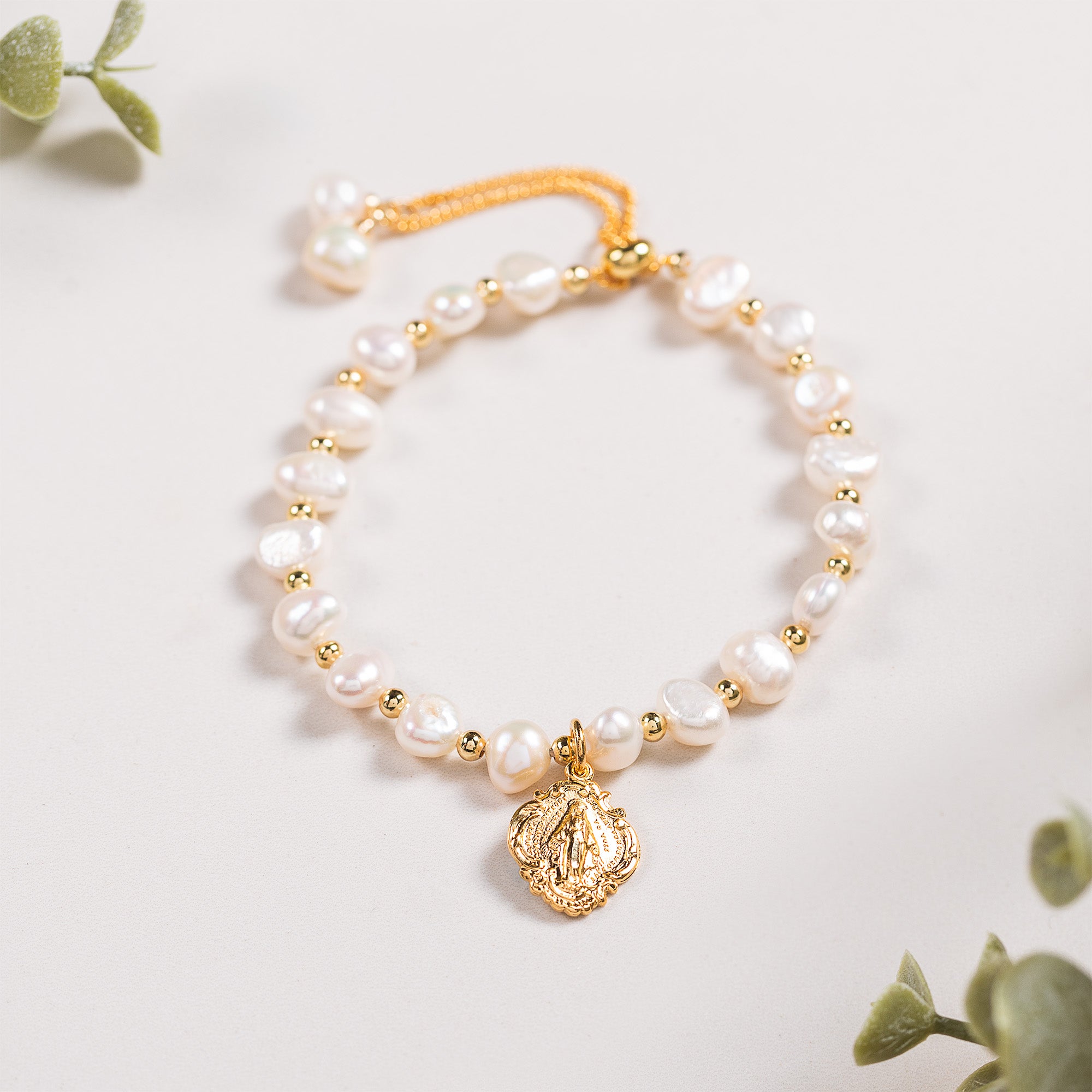 Freshwater Pearl Gold Miraculous Medal Bracelet