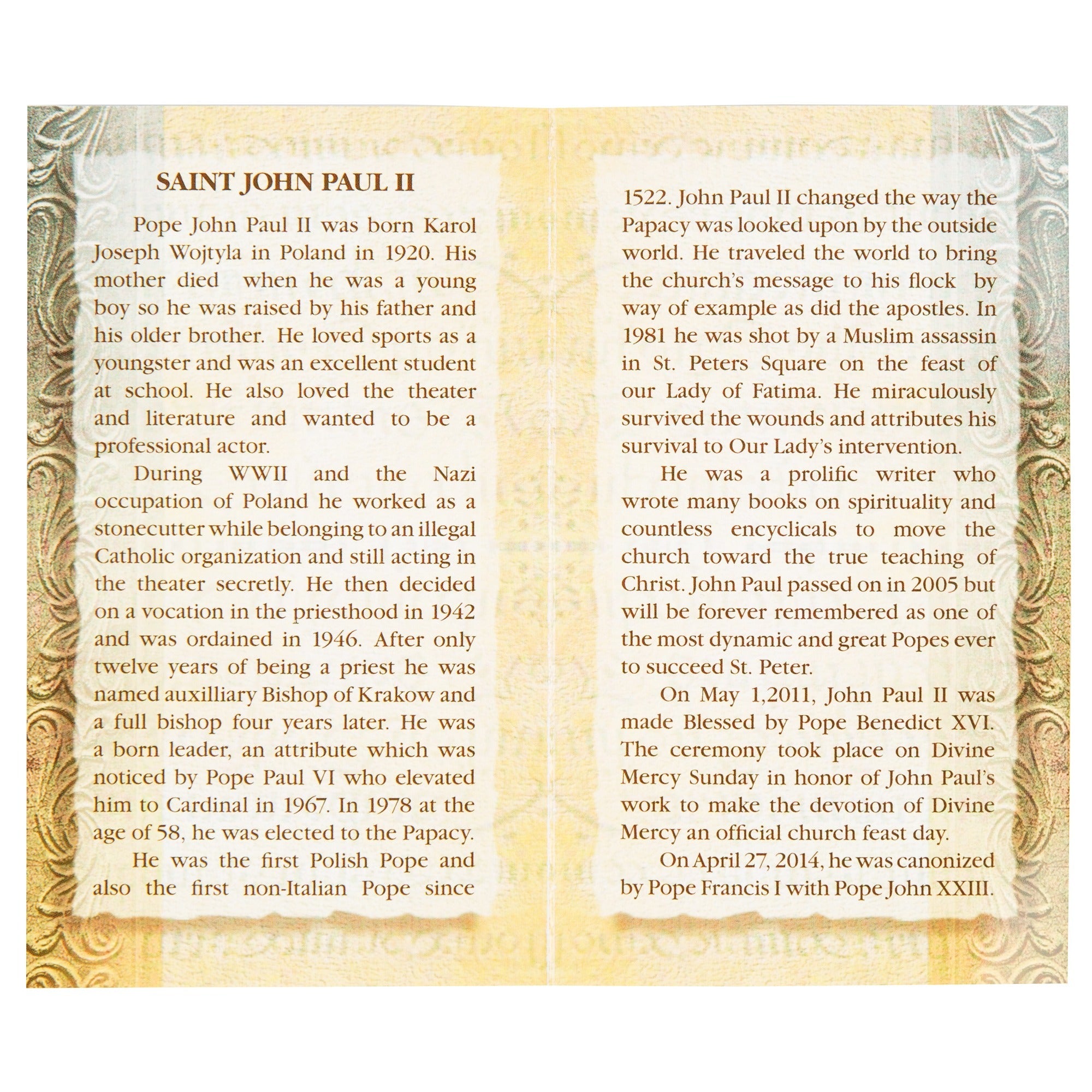 Pope John Paul II - Folded Prayer Card