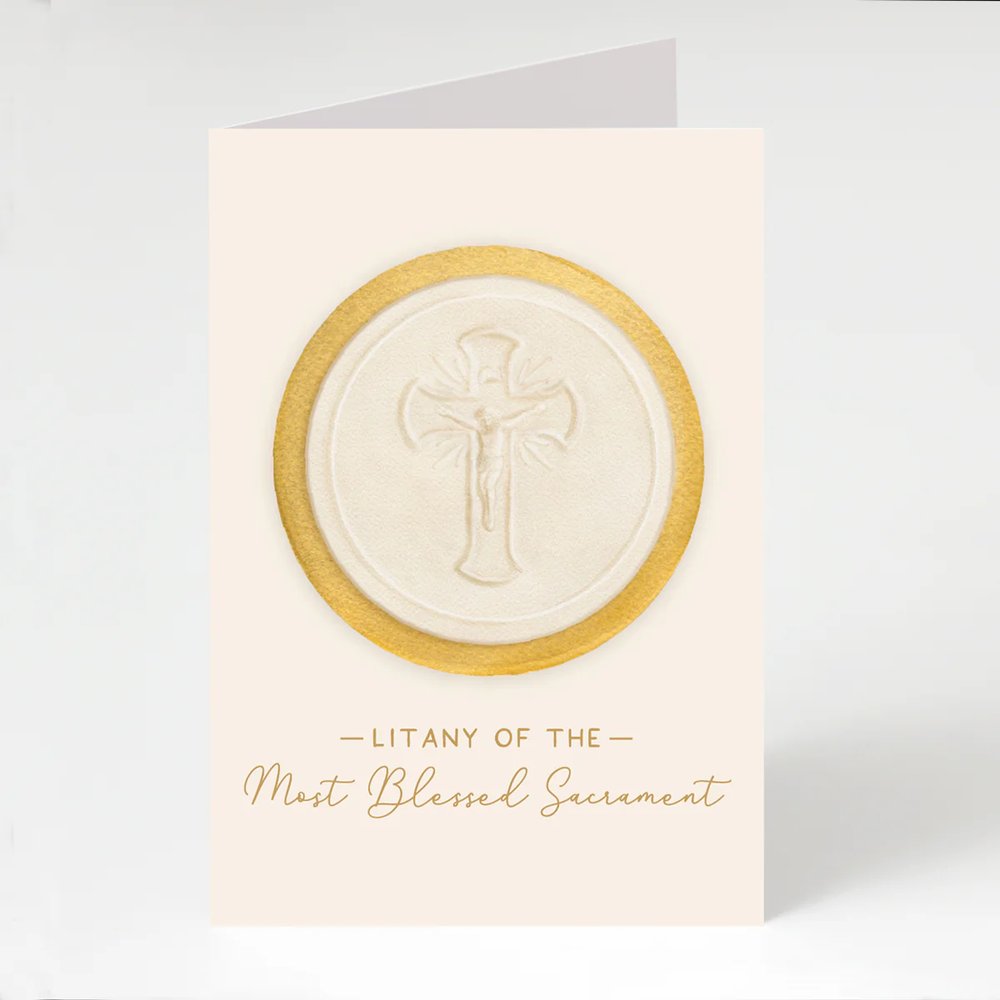 Elegant greeting card for religious occasion with gold, white, and cream colors and a cross motif.