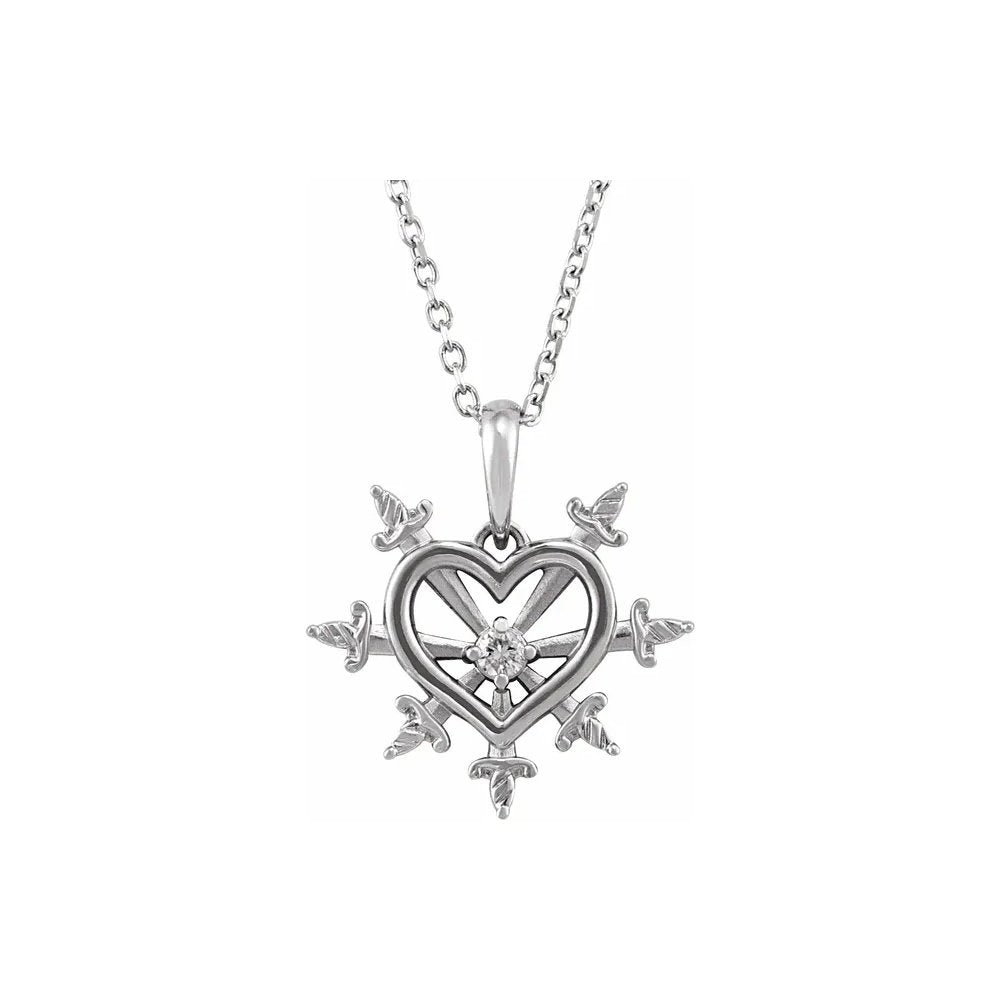 Silver heart necklace with swords and diamond accent.