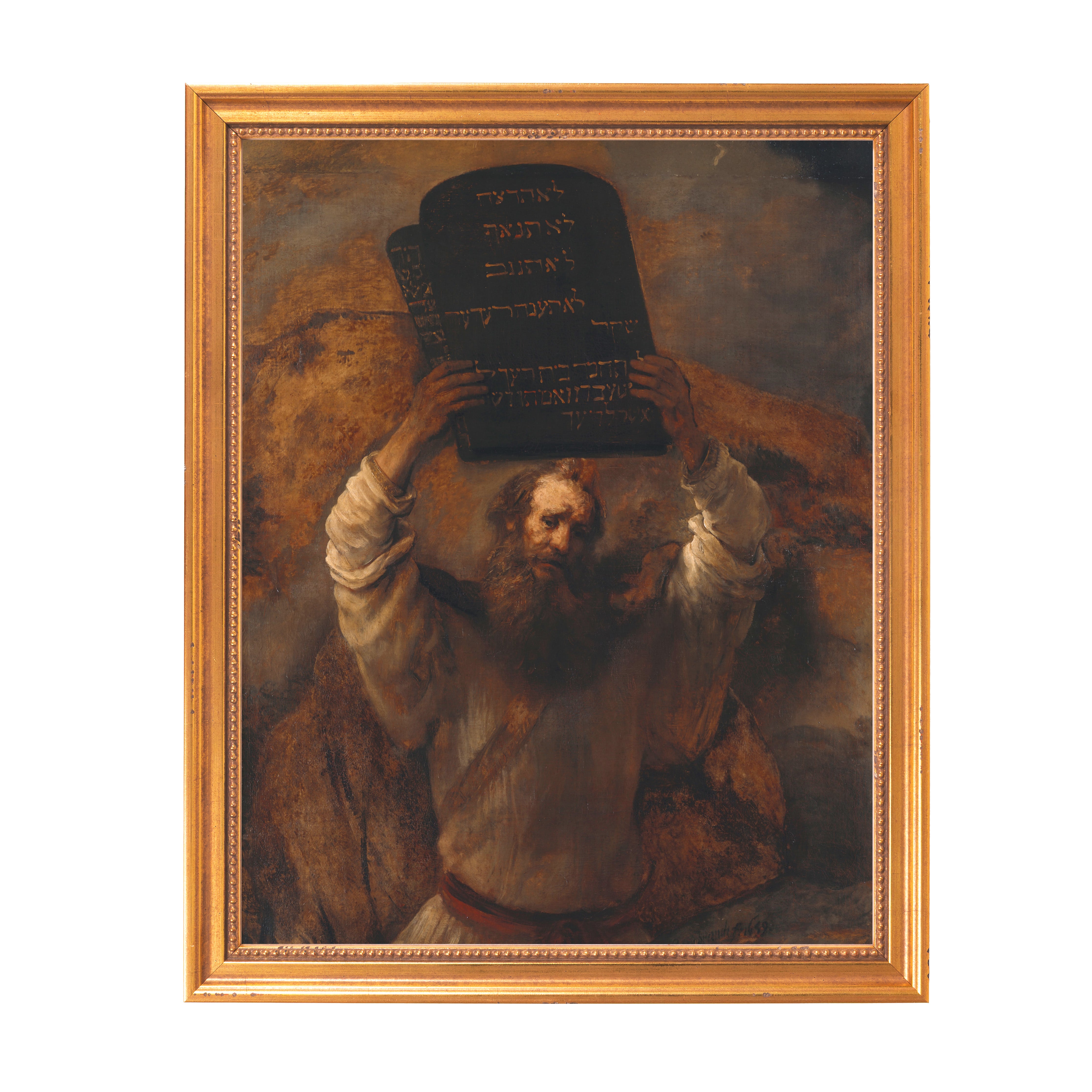 Framed painting of Moses with Ten Commandments, rendered in earth tones within a gold frame.