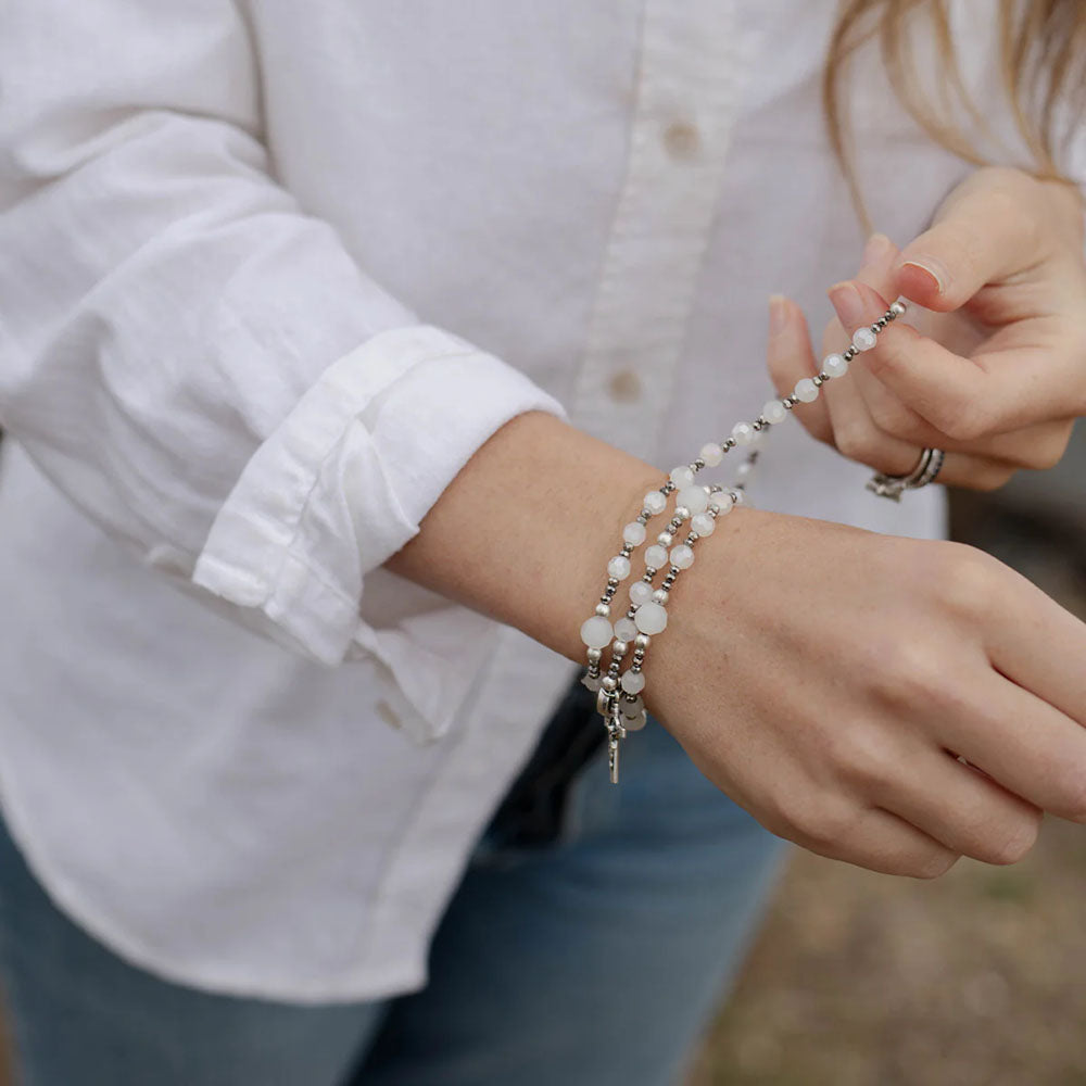 Pearl and Silver Bead Rosary Wrap Bracelet