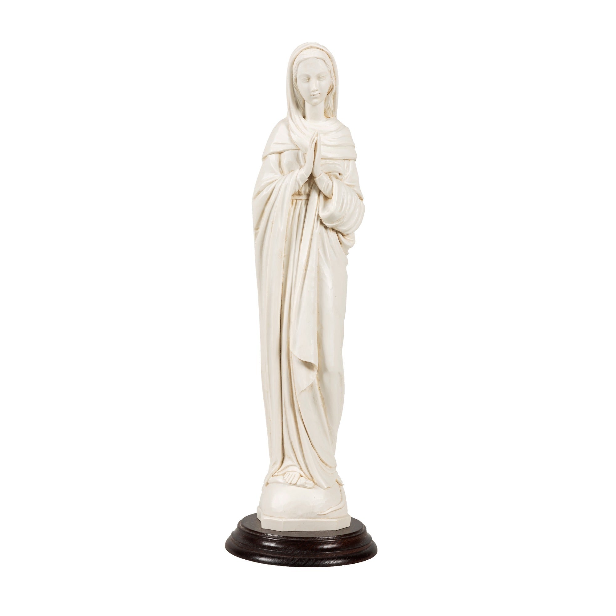 Praying Madonna Antique White Statue on Wood Base